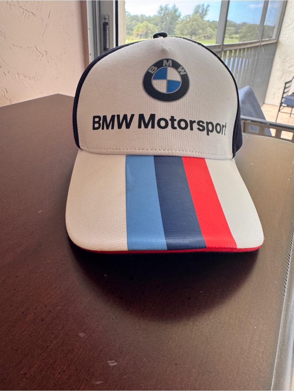 BMW Motorsport White Cap with Blue, Dark Blue and Red Stripes